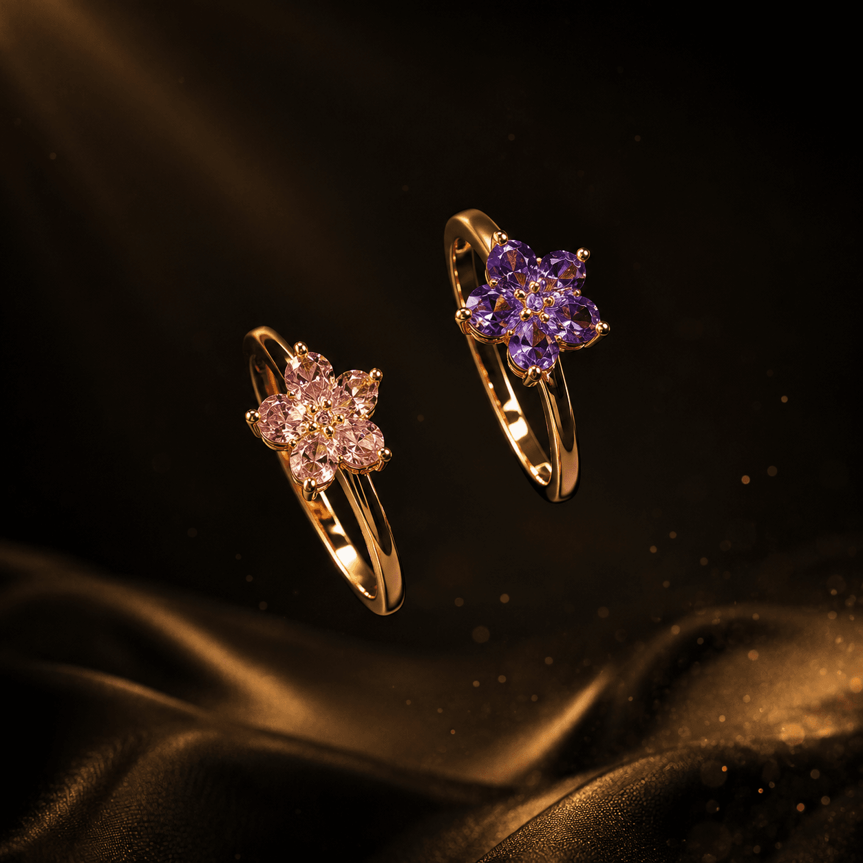 YELLOW GOLD FLORAL GEMSTONE RING SET