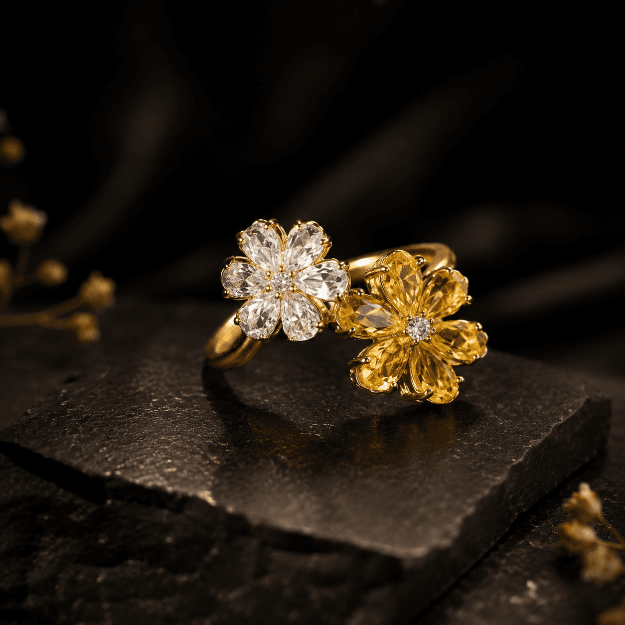 YELLOW GOLD FLORAL MOISSANITE RING