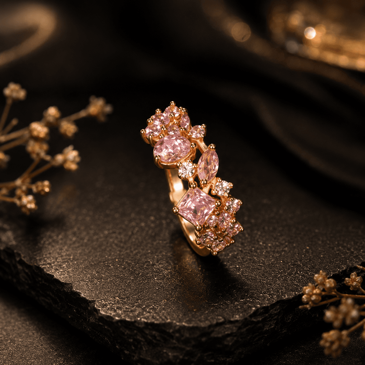 PINK MOISSANITE YELLOW GOLD STATEMENT RING