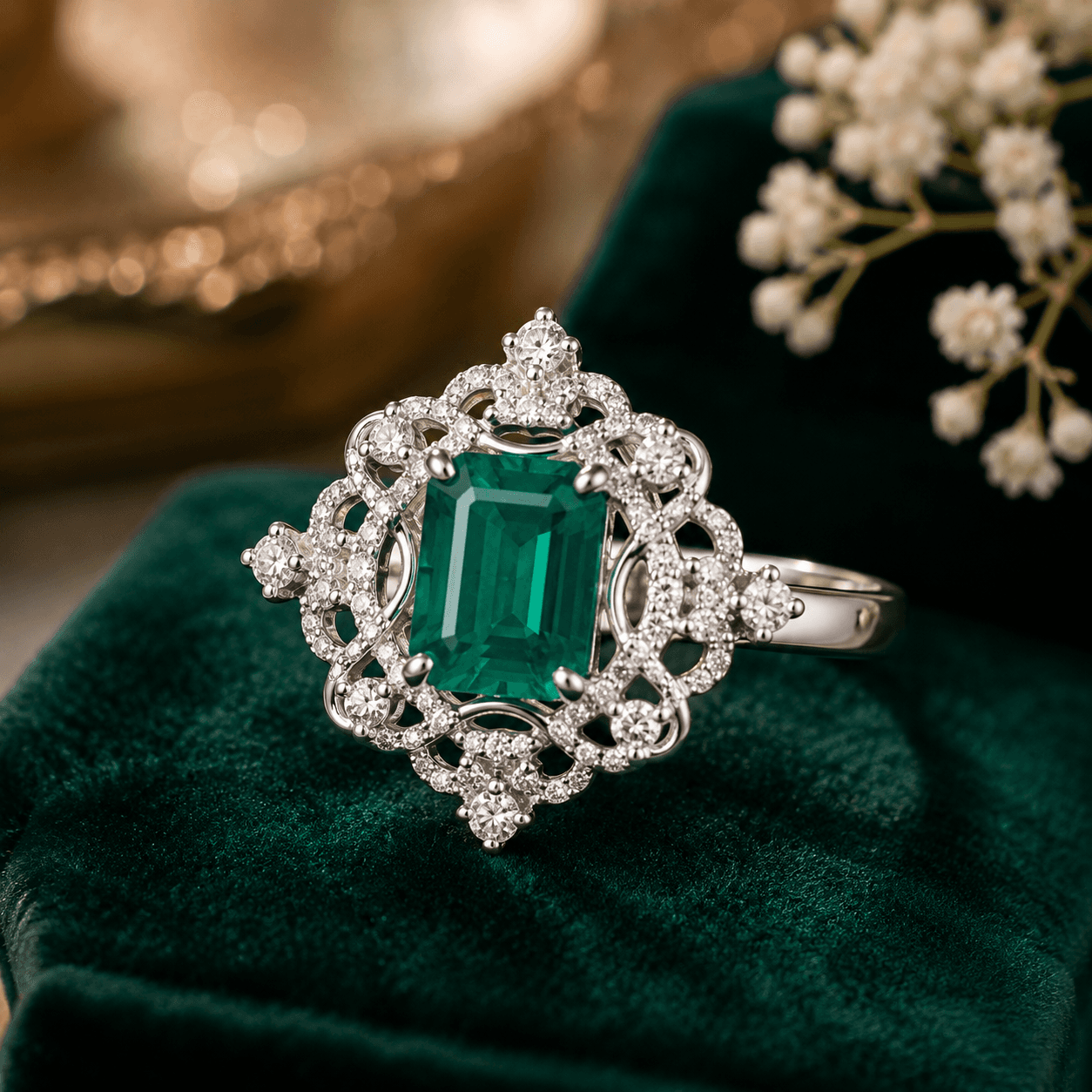 LAB-GROWN EMERALD WITH MOISSANITE SILVER RING
